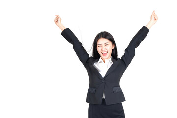 Portrait beautiful working woman with happiness raise both arms isolated on white background - business concept