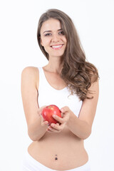 Beautiful body beauty sexy woman slim holding red apple isolated on white background - wellness girl weight loss and healthy concept