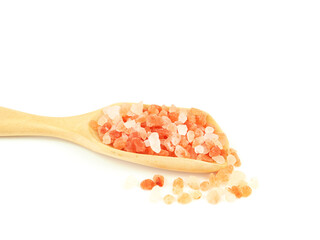 Fototapeta na wymiar Himalayan pink salt in wooden scoop isolated on a white background. Close up with copy space for your text. .