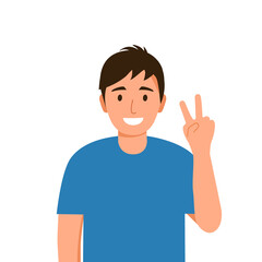 Man smiling and showing two fingers peace or victory gesture in flat design on white background.