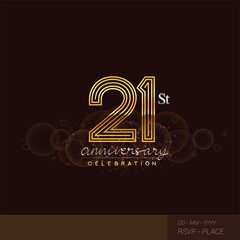 21st anniversary logotype with glitter and shiny golden colored isolated on elegant background.