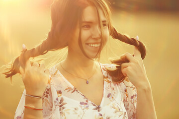 happy girl smiling summer background glare sun rays seasonal warm view