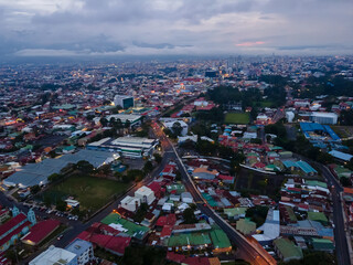 Beautiful aerial view of the city of San Pedro at Sunset, in Costa Rica