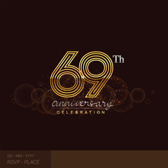69th anniversary logotype with glitter and shiny golden colored isolated on elegant background.
