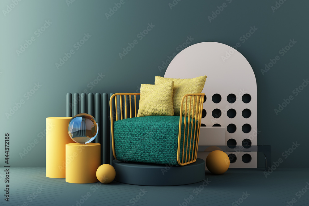 Fototapete yellow and green color chairs, sofa, armchair in empty background. surrounding by geometric shape co