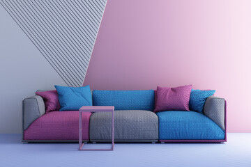 pink and blue color chairs, sofa, armchair in empty background. surrounding by geometric shape Concept of minimalism & installation art. 3d rendering mock up