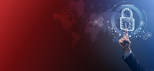 Cyber security network. Padlock icon and internet technology networking. Businessman protecting data personal information on tablet and virtual interface. Data protection privacy concept. GDPR. EU