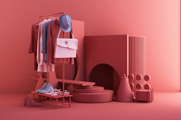 Clothes mannequins a hanger surrounding by bag and market prop with geometric shape on the floor in pink and blue color. 3d rendering - 444373384
