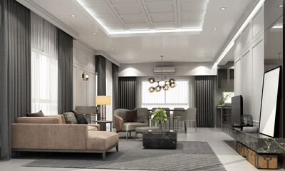 gray Modern classic interior design living and dining room with classical element molding cornice a bit brown leather texture and black marble wall decoration and gray sofa armchair 3d rendering
