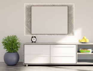 Empty horizontal frame on a wall. White console with home plant. Template for pictures and lettering. 3D rendering.