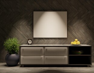 Night interior with an empty frame on a wall with spotlight. Console with home plant. 3D rendering.