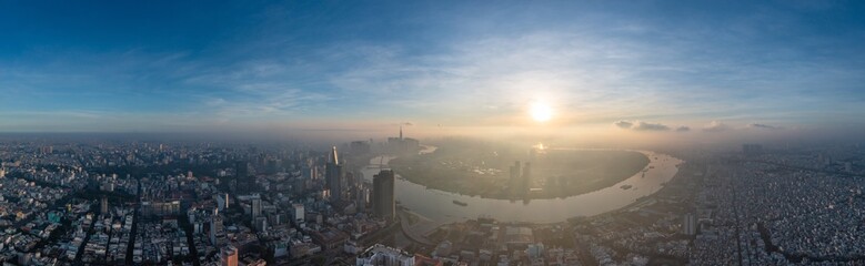 Panorama photo of Ho Chi Minh city in the foggy morning