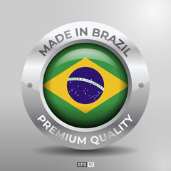 Made in Brazil Label, Logo, Stamp Round Flag of Nation with 3D Silver Glossy Effect