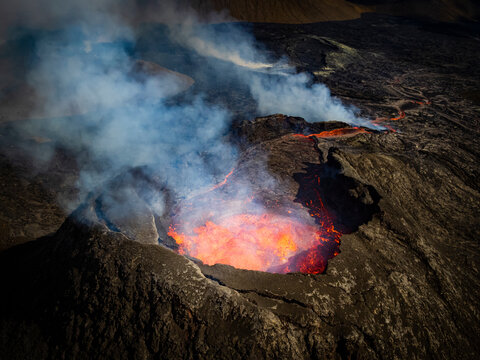Air photo of Fagradalsfjall crater, Volcanic eruption at Geldingadalir, Iceland