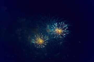 Blurred multicolored fireworks lights against the dark night sky