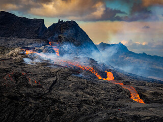 Air photo, lava flows from Fagradalsfjall crater, Volcanic eruption at Geldingadalir, Iceland