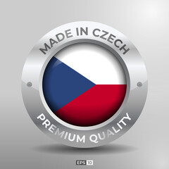 Made in Czech Label, Logo, Stamp Round Flag of Nation with 3D Silver Glossy Effect