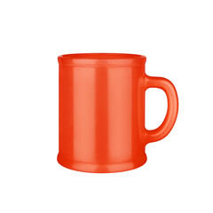 Orange ceramic cup on white background isolated close up, red coffee mug with handle, teacup, crockery, ceramics, porcelain kitchen utensil, empty tea cup mockup, blank mug template