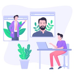 Video conference illustraton. People on computer screen talking with colleague. Video conferencing and online meeting workspace page 