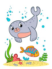 Cute Seal underwater cartoon. Seal clipart