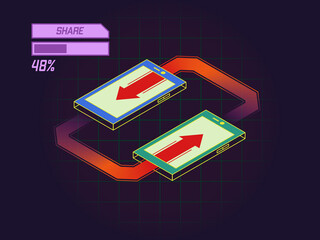 Vector mobile phone with sharing theme, depicted with two mobile phones connected to each other via rotating arrows. Editable as needed.
