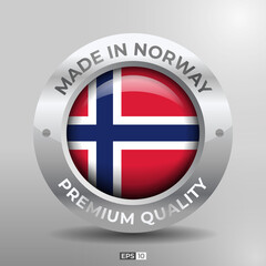 Obraz premium Made in Norway Label, Logo, Stamp Round Flag of Nation with 3D Silver Glossy Effect