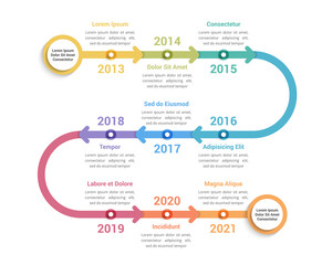 Timeline infographics template with 9 arrows, workflow, process chart