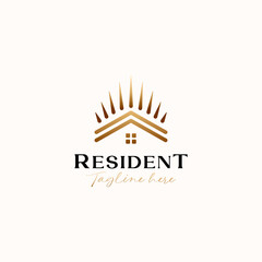 Roof House with Crown Gold Gradient Monoline Logo Template Isolated in White Background