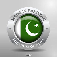 Made in Pakistan Label, Logo, Stamp Round Flag of Nation with 3D Silver Glossy Effect