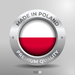 Made in Poland Label, Logo, Stamp Round Flag of Nation with 3D Silver Glossy Effect