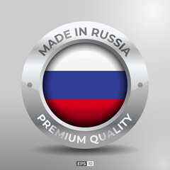 Made in Russia Label, Logo, Stamp Round Flag of Nation with 3D Silver Glossy Effect