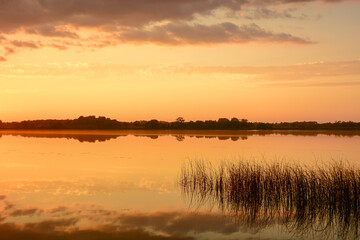 Fototapeta na wymiar Sunset lake with reeds in rural Minnesota, USA North Turtle Lake 