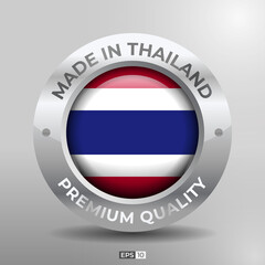 Made in Thailand Label, Logo, Stamp Round Flag of Nation with 3D Silver Glossy Effect