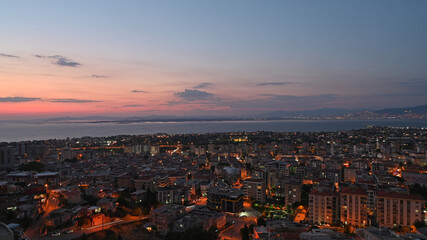 Fototapeta na wymiar View of İzmir Gulf at twilight. 16:9 ratio landscape photo.