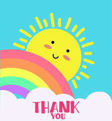 Fototapeta premium Thank you typography design with cute sun, cloud, and rainbow background for greeting cards, postcards, posters, and banners.