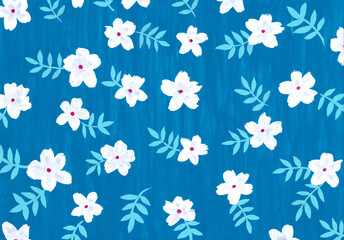 素材テクスチャ　手描きパターン花模様　青色