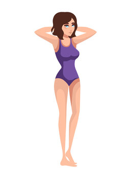 Beautiful Women Purple Swimsuit Cartoon Character Design Illustration