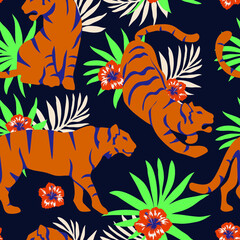 Seamless tropical pattern with tigers and a bouquet of hibiscus flowers and leaves. Ideal for wallpapers, web pages backgrounds, surface textures, textiles. Yanapese fashion ornament