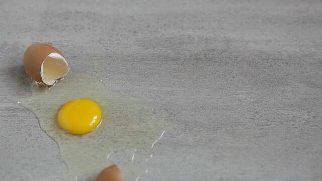  A fresh chicken egg falls into a ceramic tile. A chicken egg breaks on the floor.