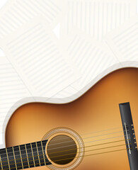 Fototapeta premium musical background with acoustic guitar and blank note sheets of paper
