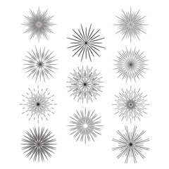 Fireworks silhouette black collection. Holiday and party celebration explosion, festival or carnival firecracker. Burst contour pattern graphic shaped set isolated on white. Jpeg