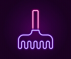 Glowing neon line Garden rake icon isolated on black background. Tool for horticulture, agriculture, farming. Ground cultivator. Colorful outline concept. Vector