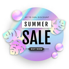 Summer sale poster with  holographic tropic leaves and holographic background. Vector illustration
