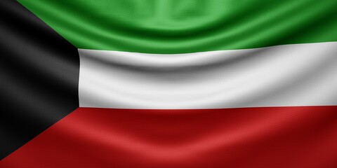 Hanging wavy national flag of Kuwait with texture. 3d render.