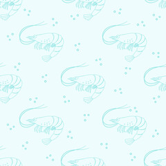 Naklejka premium Seamless pattern of shrimp, isolated on blue background. Sea food.