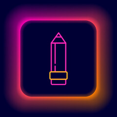 Glowing neon line Pencil with eraser icon isolated on black background. Drawing and educational tools. School office symbol. Colorful outline concept. Vector