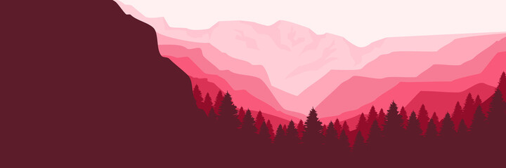 pink mountain forest vector illustration for web banner, blog banner, wallpaper, background template, adventure design, tourism poster design, backdrop design