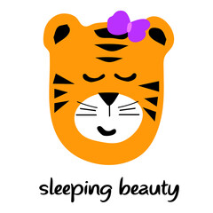 Cute sleeping tiger girl head with bow,handdrawn symbol of new year 2022 with closed eyes,print for kids textile,room interior decoration,poster, lettering Sleeping beauty