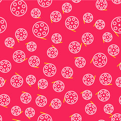 Line Film reel icon isolated seamless pattern on red background. Vector
