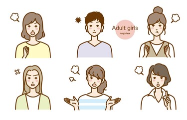怒る女性のイラストカット ベクター バリエーション 大人女子